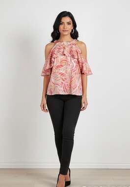 Coral Pink Abstract Palm Print Cold Shoulder Halter Blouse Sise S
